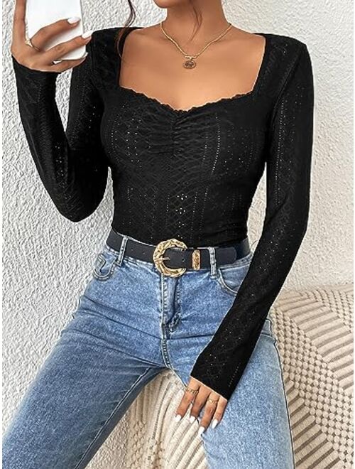 SOLY HUX Women's Long Sleeve T Shirts Sweetheart Neck Ruched Tops Eyelet Basic Shirt Slim Fitted Tee