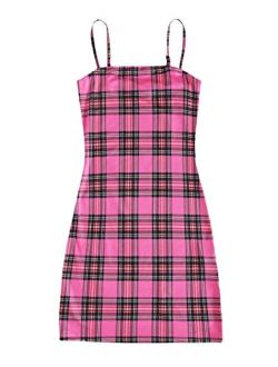 Spaghetti Strap Dresses for Women Summer Cute Plaid Goth Grunge Mini Bodycon Pencil Tight Dress