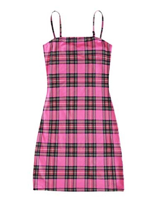 SOLY HUX Spaghetti Strap Dresses for Women Summer Cute Plaid Goth Grunge Mini Bodycon Pencil Tight Dress