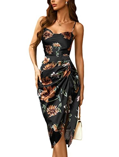 SOLY HUX Women's Floral Print Ruched Split Hem Satin Cami Dress Midi Dresses