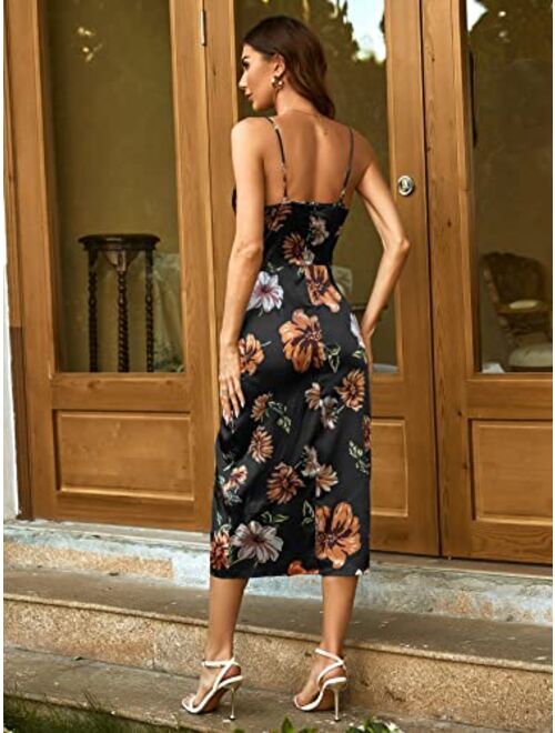 SOLY HUX Women's Floral Print Ruched Split Hem Satin Cami Dress Midi Dresses