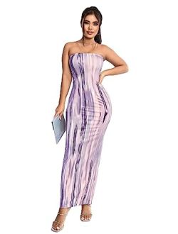 Women's Tie Dye Strapless Tube Bodycon Dress Sleeveless Maxi Dresses