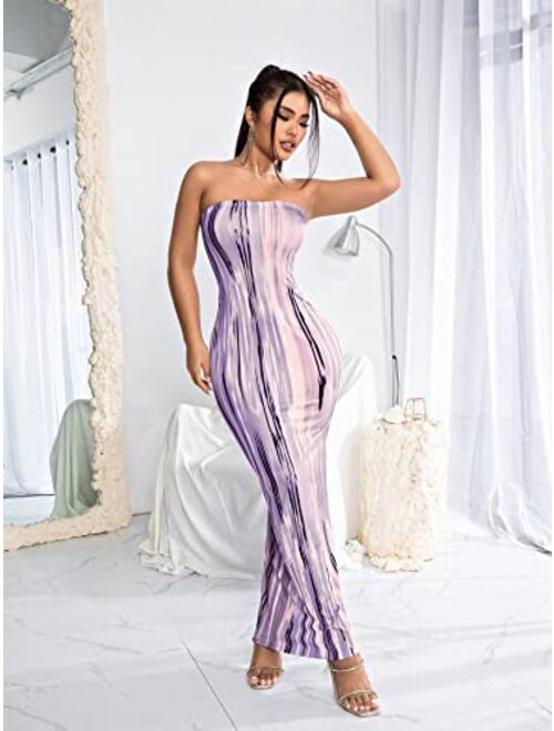 SOLY HUX Women's Tie Dye Strapless Tube Bodycon Dress Sleeveless Maxi Dresses