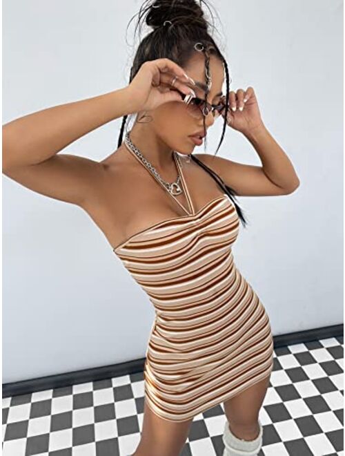 SOLY HUX Women's Striped Halter Tie Backless Bodycon Mini Dress Sleeveless Party Club Dresses