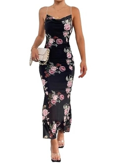 Women's Floral Print Cowl Neck Spaghetti Strap Bodycon Cami Dress Summer Midi Dresses
