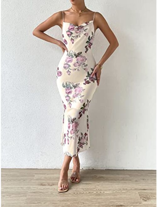 SOLY HUX Women's Floral Print Cowl Neck Spaghetti Strap Bodycon Cami Dress Summer Midi Dresses