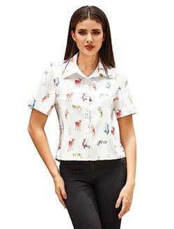 Women's Figure Print Button Down Shirt Graphic Pattern Short Sleeve Crop Tops Casual Blouses