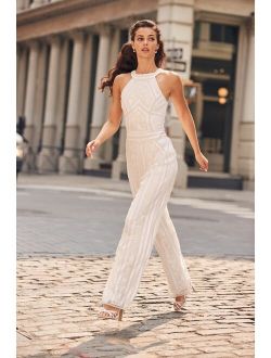 Tell Me Everything White Beaded Sequin Wide-Leg Jumpsuit
