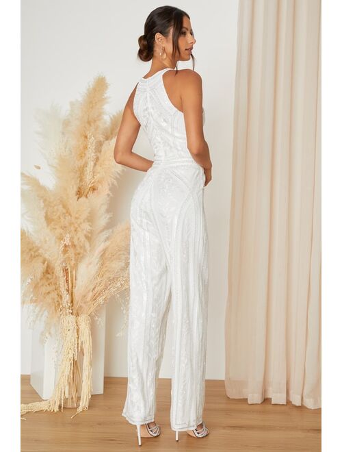 Lulus Tell Me Everything White Beaded Sequin Wide-Leg Jumpsuit