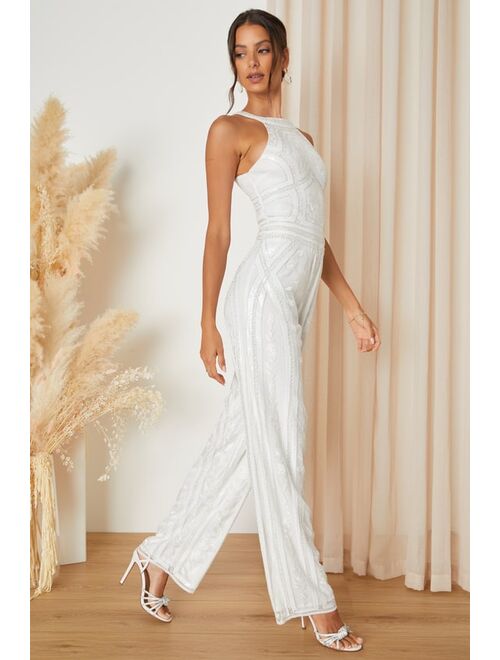 Lulus Tell Me Everything White Beaded Sequin Wide-Leg Jumpsuit