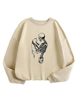 Women's Graphic Sweatshirt Skeleton Print Long Sleeve Drop Shoulder Pullover Top