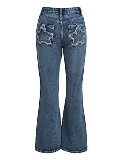 Women's High Waisted Wide Leg Denim Pants Y2k Patterned Baggy Flared Jeans Bell Bottom Trousers