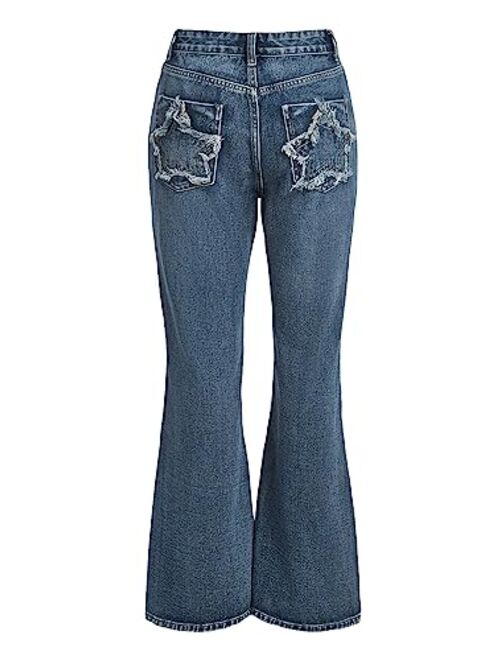 SOLY HUX Women's High Waisted Wide Leg Denim Pants Y2k Patterned Baggy Flared Jeans Bell Bottom Trousers