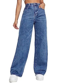 Straight Leg Jeans Cargo Pants for Women High Waisted Jean Pocket Side Denim Pants