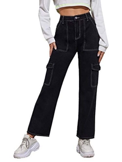 Straight Leg Jeans Cargo Pants for Women High Waisted Jean Pocket Side Denim Pants