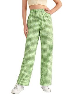 Women's Casual Gingham Relaxed Fit Elastic High Waisted Straight Wide Leg Y2K Trousers Pants