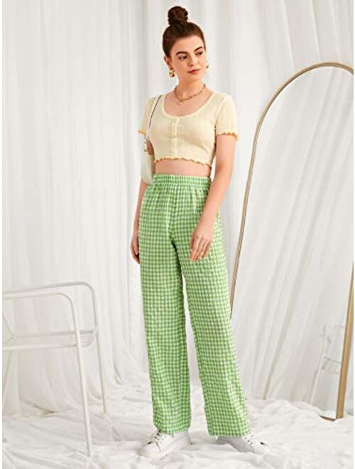 SOLY HUX Women's Casual Gingham Relaxed Fit Elastic High Waisted Straight Wide Leg Y2K Trousers Pants
