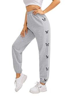 Women's Butterfly Print Elastic High Waisted Sweatpants Joggers Pants