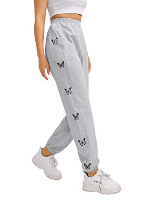 SOLY HUX Women's Butterfly Print Elastic High Waisted Sweatpants Joggers Pants