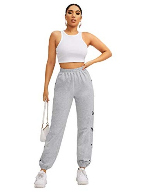 SOLY HUX Women's Butterfly Print Elastic High Waisted Sweatpants Joggers Pants