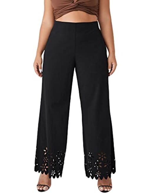 SOLY HUX Women's Plus Size High Waisted Cut Out Scallop Trim Wide Leg Long Pants
