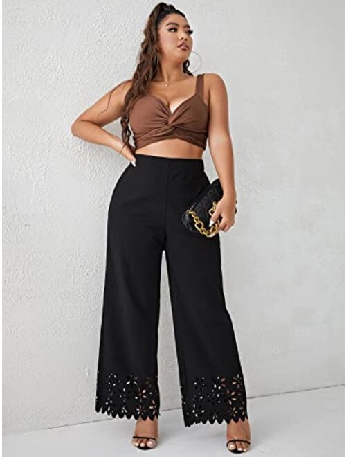 SOLY HUX Women's Plus Size High Waisted Cut Out Scallop Trim Wide Leg Long Pants