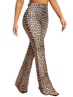 Women's Leopard Print High Elastic Waisted Casual Flare Leg Bell Bottom Pants Trousers