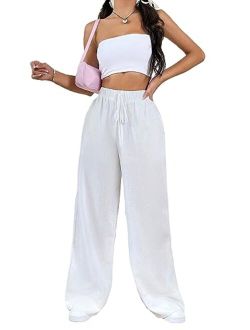 Women's Tie Front High Waisted Wide Leg Long Pants Casual Trousers with Pockets