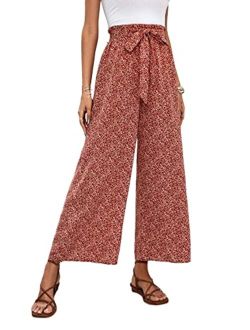 Women's Ditsy Floral Print High Waisted Wide Leg Pants Boho Casual Belted Long Pants Trousers