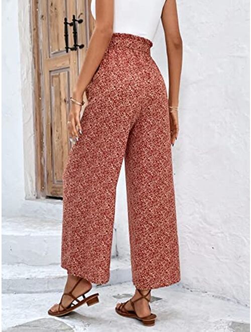 SOLY HUX Women's Ditsy Floral Print High Waisted Wide Leg Pants Boho Casual Belted Long Pants Trousers