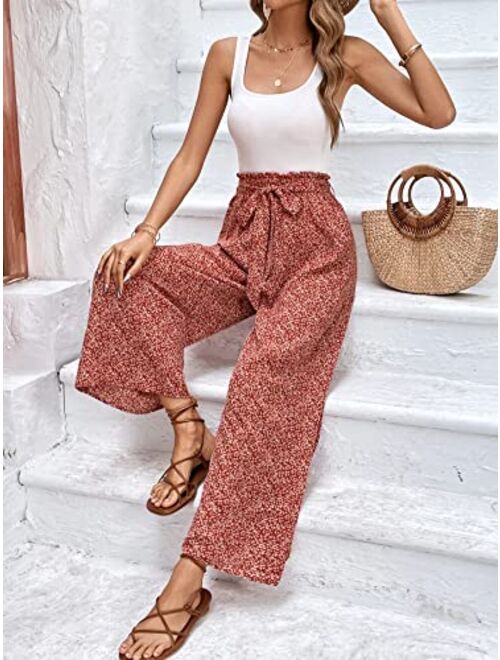 SOLY HUX Women's Ditsy Floral Print High Waisted Wide Leg Pants Boho Casual Belted Long Pants Trousers