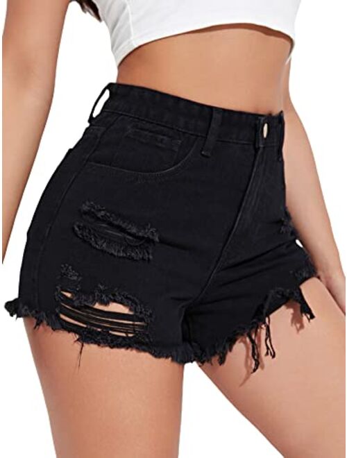 SOLY HUX Women's High Waist Ripped Raw Trim Denim Shorts Casual Summer Short Jeans with Pockets