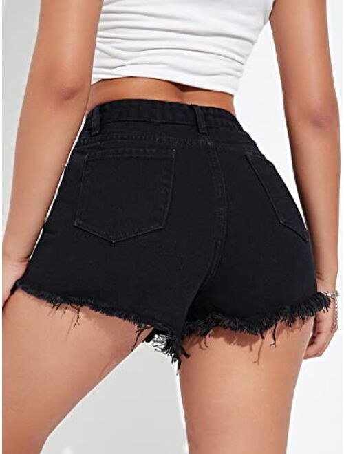 SOLY HUX Women's High Waist Ripped Raw Trim Denim Shorts Casual Summer Short Jeans with Pockets