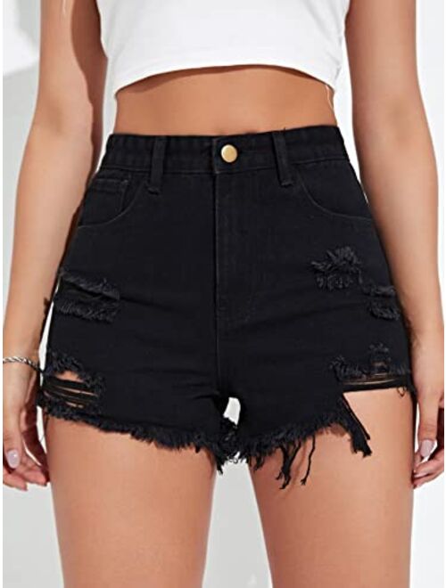 SOLY HUX Women's High Waist Ripped Raw Trim Denim Shorts Casual Summer Short Jeans with Pockets