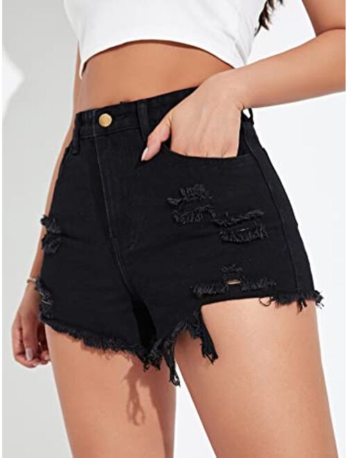 SOLY HUX Women's High Waist Ripped Raw Trim Denim Shorts Casual Summer Short Jeans with Pockets