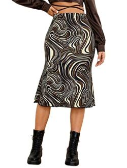 Women's High Waist Silk Satin Flared A Line Midi Skirt