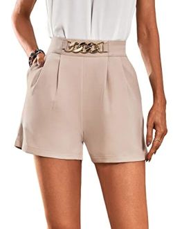 Women's Elegant High Waist Pleated Straight Leg Summer Shorts with Pockets