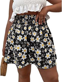 Women's Plus Size Ditsy Floral Print Shirred Elastic High Waisted Wide Leg Shorts