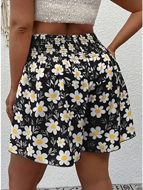 SOLY HUX Women's Plus Size Ditsy Floral Print Shirred Elastic High Waisted Wide Leg Shorts