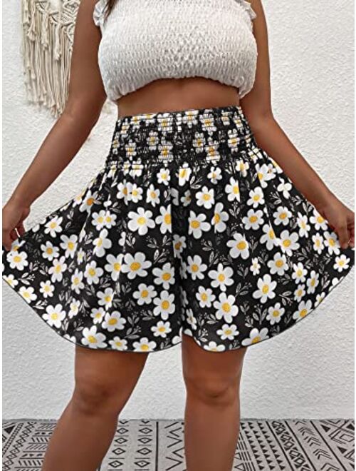 SOLY HUX Women's Plus Size Ditsy Floral Print Shirred Elastic High Waisted Wide Leg Shorts