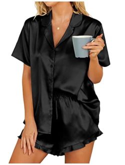 Womens Satin Pajamas Set Button Down 2 Piece Silk Pjs Shorts Set Ruffle Lingerie Notch Collar Sleepwear