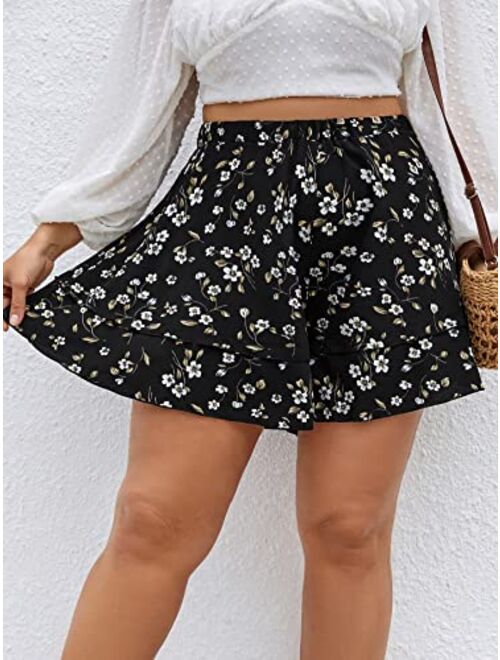 SOLY HUX Women's Plus Size Floral Print High Waisted Layered Ruffle Hem Wide Leg Shorts