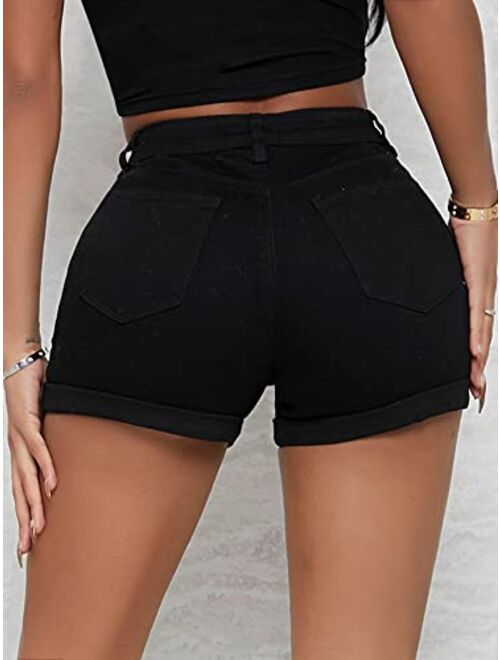 SOLY HUX Women's High Waisted Straight Leg Denim Shorts Skinny Zipper Fly Jeans Shorts with Pockets
