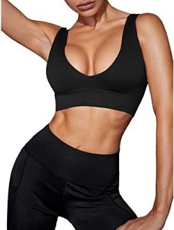 Women's V Neck Seamless Sports Bra Medium Support Removable Cups Workout Yoga Tank Tops