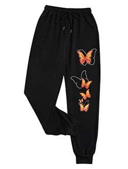 Women's Butterfly Print Drawstring High Waisted Sweatpants Joggers Pants