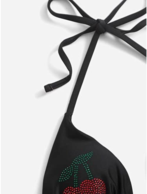 SOLY HUX Women's Halter Triangle Tie Side Bikini Set Rhinestone Bathing Suits 2 Piece Swimsuit