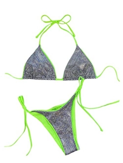 Women's Sexy Metallic 2 Piece Swimsuit Halter Triangle Tie Side Bikini Set Bathing Suits