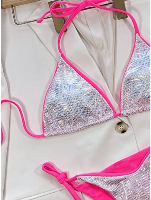 SOLY HUX Women's Sexy Metallic 2 Piece Swimsuit Halter Triangle Tie Side Bikini Set Bathing Suits