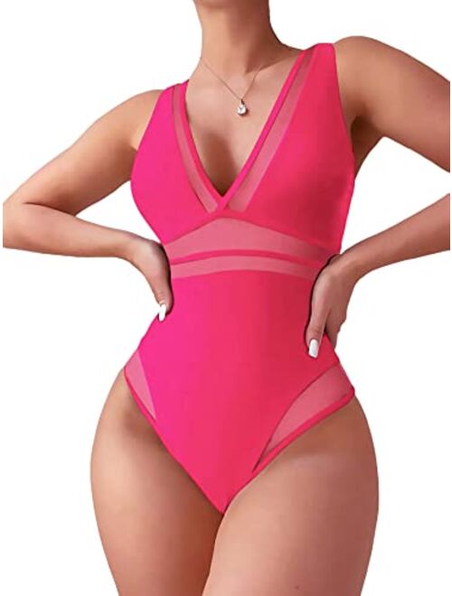 SOLY HUX Women's Mesh One Piece Swimsuit Deep V Neck Sleeveless Bathing Suit Monokini Swimwear