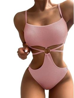 Women's Ring Linked Cut Out Tie Back Onepiece Swimsuit Monokini Bathing Suit